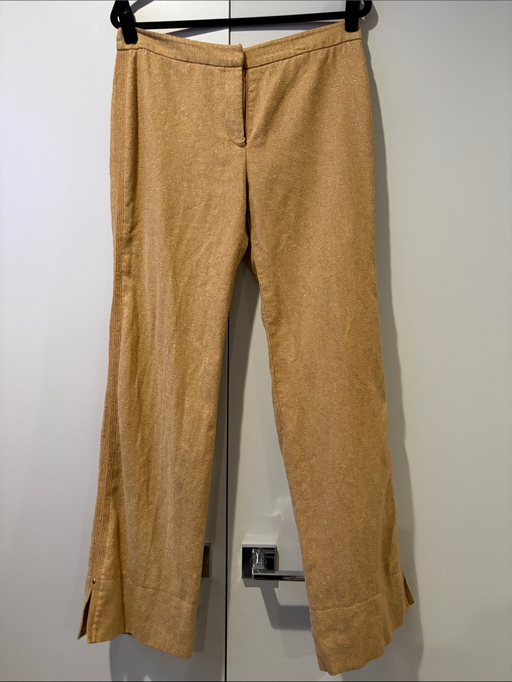 BCBG MaxAzria Camel Tan Dress Pants with gold threads tuxedo piping - slit hems